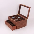 Side view of a double-layer wooden watch box with red wood grain and gold latch - 20 Slots Dual Layer Rosewood
