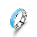 Detailed view of silver stainless steel ring with flat blue enamel inlay on polished band - US 6 / Sky Blue