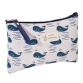 Detail shot of canvas makeup bag with blue whale pattern and durable navy zipper - Whale / Large