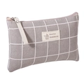 Detail of grey checkered fabric storage bag with beige handle and Natural Style label - Grey Grid / Large