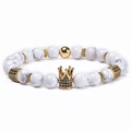 8mm white turquoise beaded bracelet with golden crown and micro-set black zircon - Natural White Turquoise (Elastic Cord)