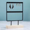 Close-up of double-layer iron earring rack with a stable natural pine wood base - Small 2-Tier 24 Holes Black