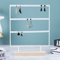 Three-tier white iron earring display stand with natural wooden base for jewelry storage - 66 Holes / White