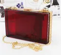 Dark red transparent acrylic clutch box bag with gold metal frame and chain strap - Transparent Jujube Red