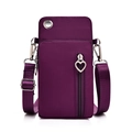 Mini sac pour téléphone portable violet foncé en nylon avec fermeture éclair cœur - Grande taille avec trou pour écouteurs / Fuchsia