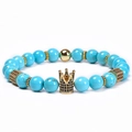 Natural turquoise bead bracelet with gold crown charm and micro paved cubic zirconia detail - Natural Stone Style (Elastic Cord)