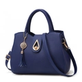 Deep blue lychee grain leather tote bag with gold hardware and tassel charm detail - Dark Blue