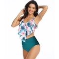 Two-piece floral ruffle tankini swimsuit with high-waisted dark teal bikini bottom - S / Navy Blue