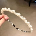 Elegant pearl headband featuring alternating sizes of white pearls on a thin metal band - Alternating Large and Small Pearls