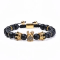 Black matte stone bead bracelet with a gold crown charm and adjustable drawstring cord - Frosted Stone Braided Drawstring Style
