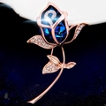 Exquisite rose flower brooch with deep blue crystal and rose gold leaves with crystals - Blue Rose