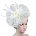 Λεπτομέρεια από κομψό κρεμ καπέλο fascinator με πουά δίχτυ και απαλά φτερά - Σπασμένο Λευκό
