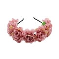 Pink fabric rose flower headband for weddings featuring realistic petals and green leaves - Dusty Pink