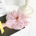 Pink organza scrunchie with black polka dots in a retro French style hair accessory - Pink