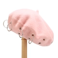 Detail of pink wool beret featuring stylish silver metal rings and punk eyelets texture - M (56-58cm) / Pink