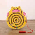 Yellow wooden magnetic animal maze toy with colorful beads for children's early learning - Hippo