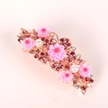 Detail of pink resin flower hair clip with purple rhinestones and white pearls - 8cm Spring Clip / Pink