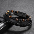 Men's multi-layer bracelet with tiger eye stone, black onyx beads and braided leather - Black Yellow Tiger Eye 3-Layer