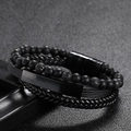 Men's multi-layer bracelet with black braided leather, tiger eye, and matte onyx beads - Black Lava Rock 3-Layer