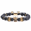 Volcanic lava stone bracelet with golden crown beads for men and women on white background - Natural Lava Stone (Woven Cord)