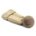 Beige chunky knit beanie for kids and adults with a fluffy brown faux fur pom pom detail - Beige