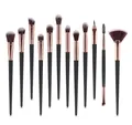 Detalle de set de 12 brochas profesionales de maquillaje con mangos negros y oro rosa - 12 Piezas Con Brocha de Abanico / Oro Negro