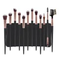 Close-up of 12 professional makeup brushes with rose gold ferrules and a black travel case - 12Pcs With Bag / Black Gold