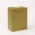 Detailed view of olive green paper shopping bag with orange braided rope handles - 18*14*8cm / Gold
