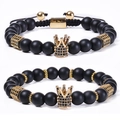 Matte black stone bead bracelet set with gold zircon crown charms and adjustable cord - Natural Matte Stone 2-Piece Set