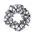 Close-up of a shimmering silver and black mermaid scale patterned fabric scrunchie - Silver Black