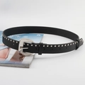 Punk style black leather belt with silver rivets and large metallic pin buckle - Black