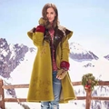Women's vintage mustard yellow wool coat with floral embroidery and snow mountain background - M / Yellow