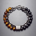 Double-layer beaded bracelet with tiger eye stones, matte black agate, and toggle clasp - Yellow Tiger Eye + Matte Black Agate