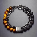 Men's map stone beaded bracelet featuring brown tiger eye and black lava stone beads - Yellow Tiger Eye + Lava Stone