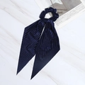 Dark blue corduroy long ribbon scrunchie bow tie on marble background for women - Navy Blue
