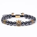 Magnetic black stone crown bracelet with copper micro-pave cubic zirconia and woven cord - Natural Hematite (Braided Style)