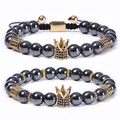 Magnetic black stone crown bracelets set with micro-inlaid zircon and adjustable cord - Set (Braided + Elastic)