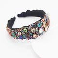 Detail of a luxury baroque headband featuring colorful rhinestones and beads on black velvet - Style A/Multicolor Gem Encrusted