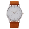 Minimalist silver men's quartz watch with white dial, date window, and brown suede strap - White Dial Brown Strap