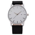 Minimalist men's quartz watch with a white dial, black leather strap, and date window - White Dial Black Strap