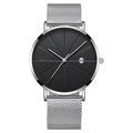 Men's business quartz watch with silver mesh band, black dial, and date calendar display - Black Dial Silver Case Silver Mesh Band