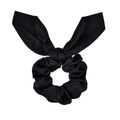 Elegant black satin bunny ear scrunchie with long ribbons on white background - Black
