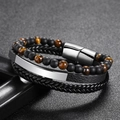 Men's multilayer bracelet with tiger eye beads and black braided leather strap - Silver Yellow Tiger Eye 3-Layer