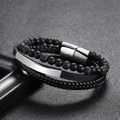 Men's multi-layer bracelet with 6mm black lava stones and woven leather magnetic clasp - Silver Lava Rock 3-Layer