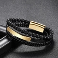 Pulsera multicapa para hombre con cuentas negras y cuero con cierre magnético dorado - Dorado Piedra Volcánica 3 Capas