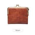 Short vintage brown leather wallet with retro gold metal clasp and textured finish - Brown