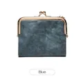 Vintage blue leather wallet for women featuring a golden kiss-lock metal frame closure - Blue