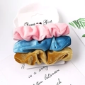 Three-piece velvet hair scrunchies set in pink, blue and yellow on display card - Velvet Pink Blue Yellow 3-Pack