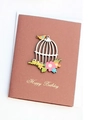 Brown paper birthday card with a 3D wooden birdcage and golden Happy Birthday text - S-Style Birthday Birdcage
