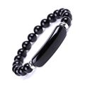 Minimalist black natural stone bead bracelet with curved stainless steel central tube - Black Agate